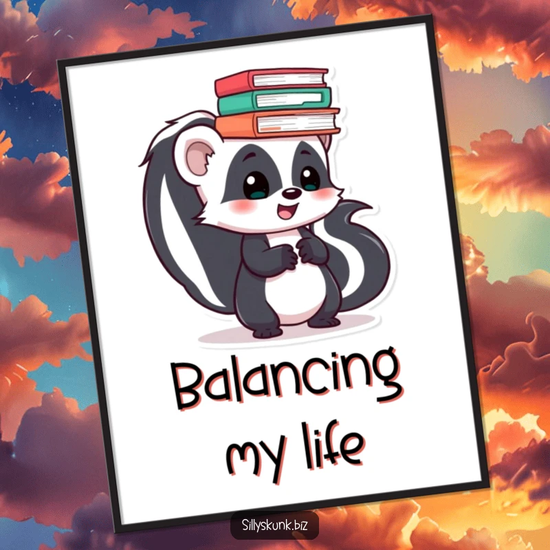 Funny skunk skater attempting to balance a giant stack of files on its head, creating whimsical office wall art.