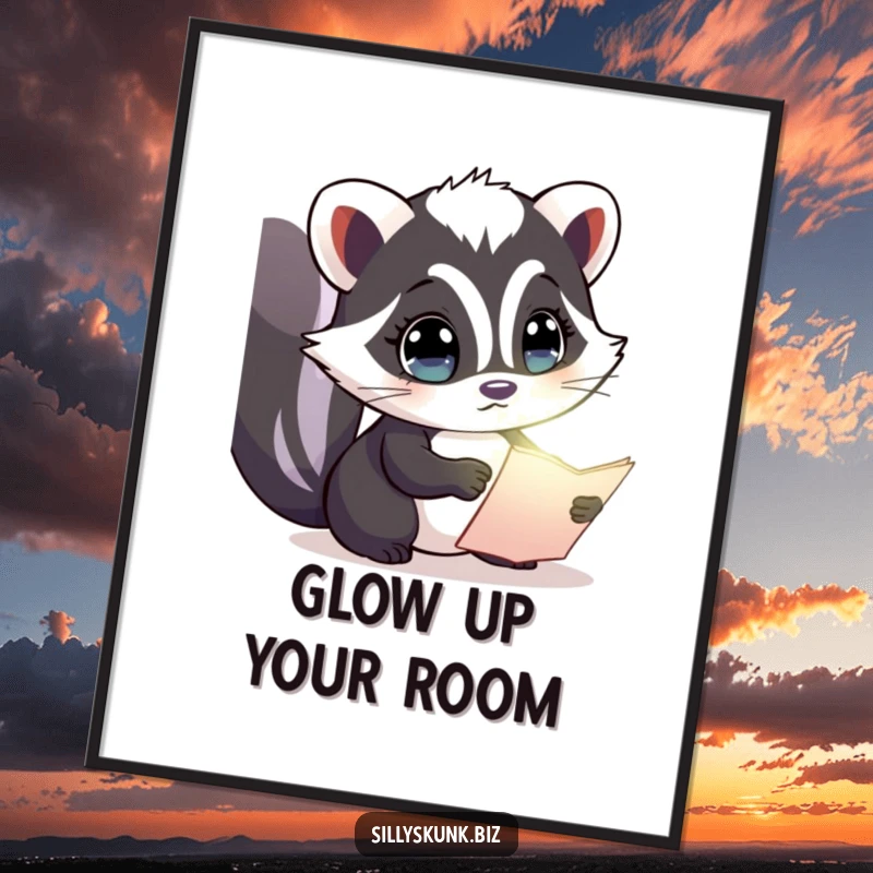 Funny poster of a skunk with wide, curious eyes, peering at a tiny, luminous document, inviting exploration.