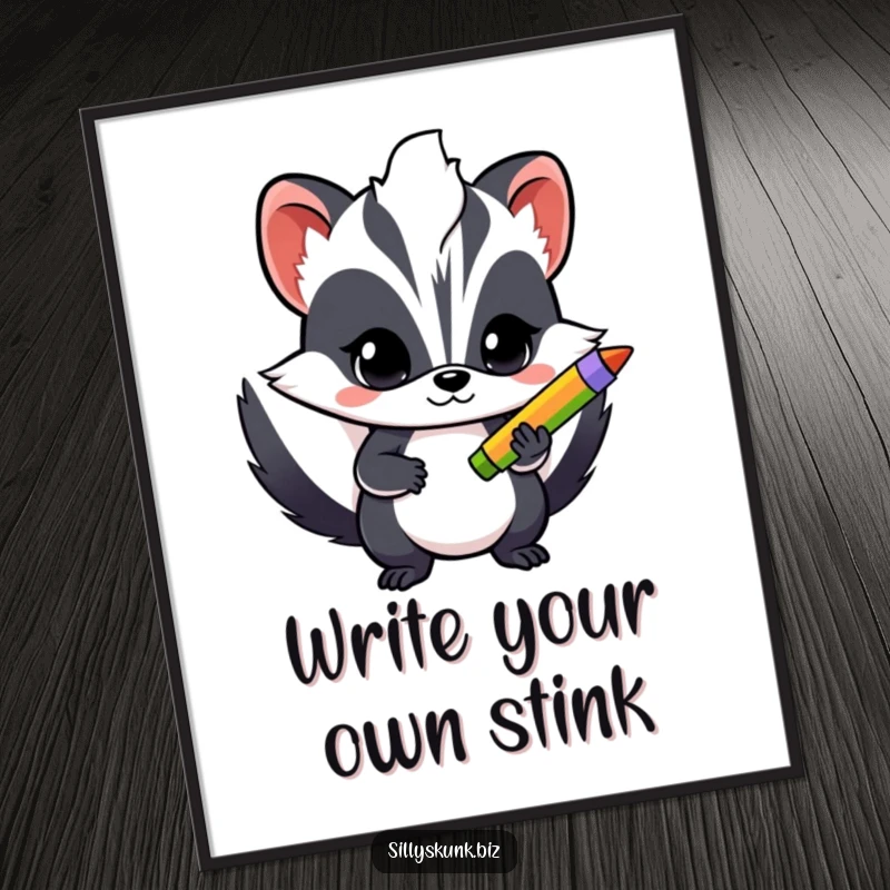 Funny poster of a skunk with a determined look, holding a brightly colored pen, ready to bring ideas to life.