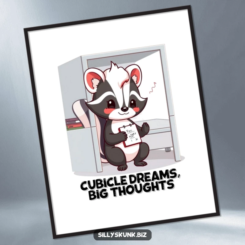 Funny skunk poster depicting a shy character with a notepad, doodling contentedly in a small office cubicle.