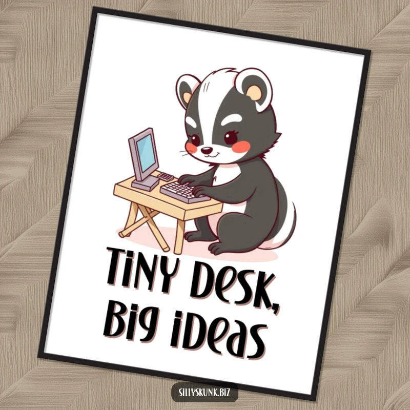 Funny poster showcasing a cute skunk typing enthusiastically on a miniature keyboard, adding a touch of humor to any desk.