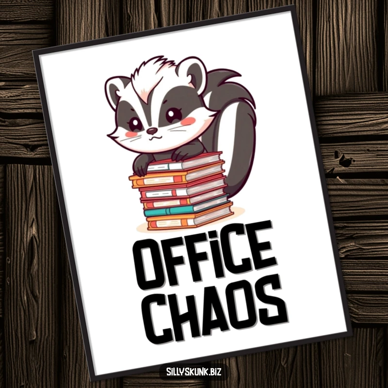 Funny skunk in a suit precariously balancing a huge stack of files, looking determined, on a humorous poster.