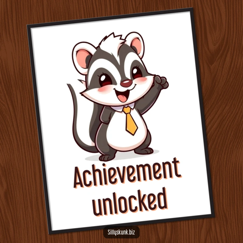 Funny skunk poster depicting a happy character with a tiny tie, doing a little triumphant fist pump.