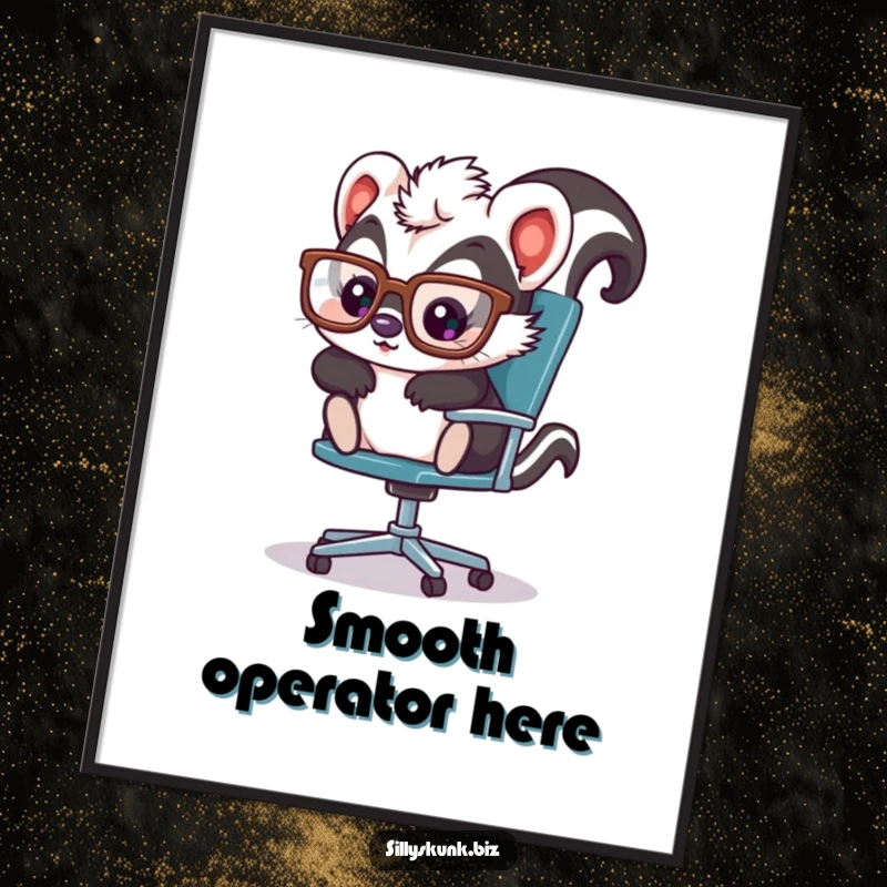 Cute skunk with oversized glasses, playfully sliding across an office chair, a humorous and decorative poster.