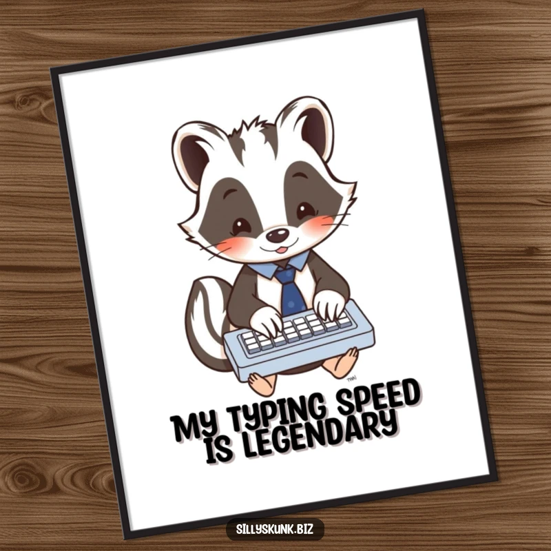 Funny skunk in a tiny tie, enthusiastically typing on a miniature keyboard, a humorous and decorative poster.