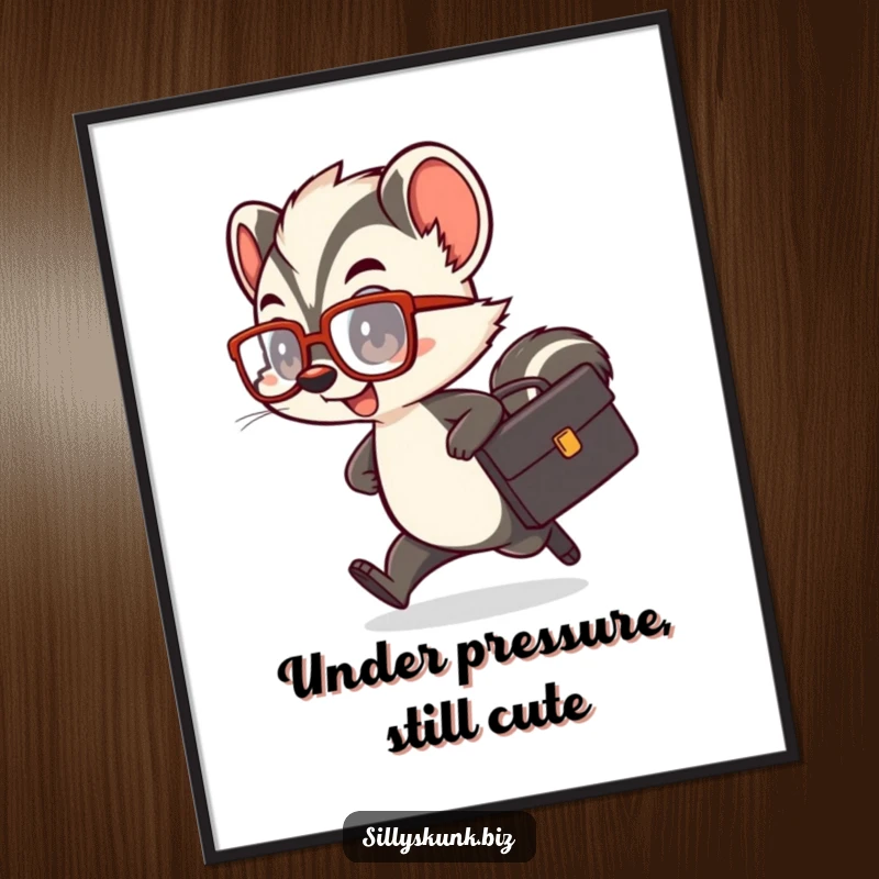 Funny skunk poster depicting a cute character with a tiny briefcase and oversized glasses, rushing comically.