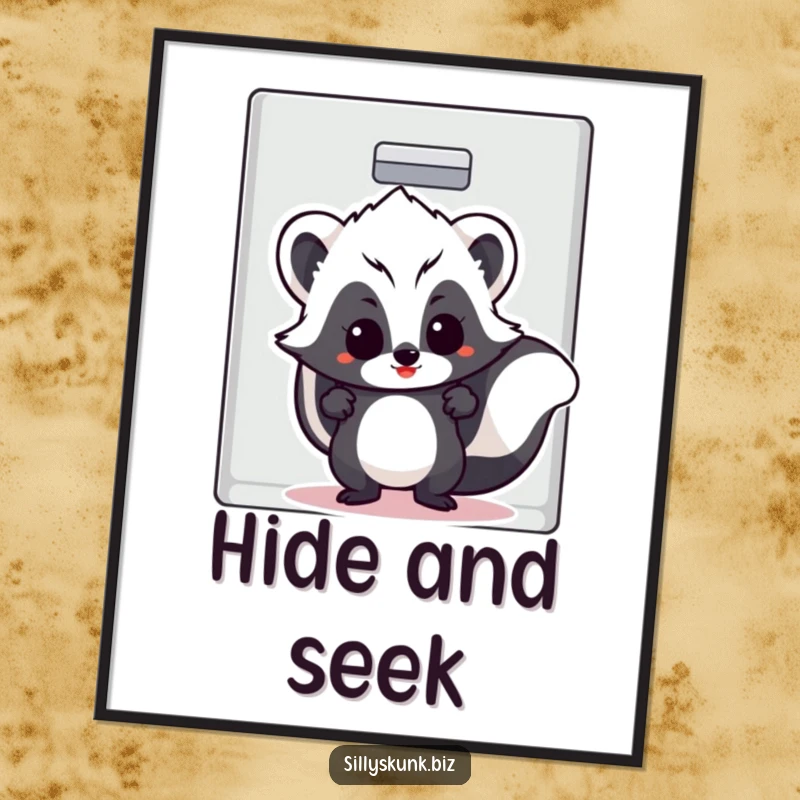 Funny skunk with a cheeky grin peeking from an open filing cabinet drawer, on a humorous poster.