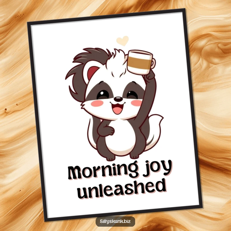Funny skunk with a cheerful grin, enthusiastically holding a coffee cup overhead, a humorous coffee-themed poster.