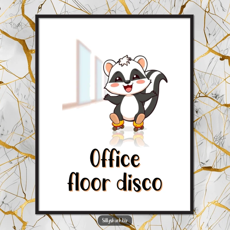 Funny poster of a skunk joyfully roller skating on a polished office floor, capturing a moment of pure exhilaration.