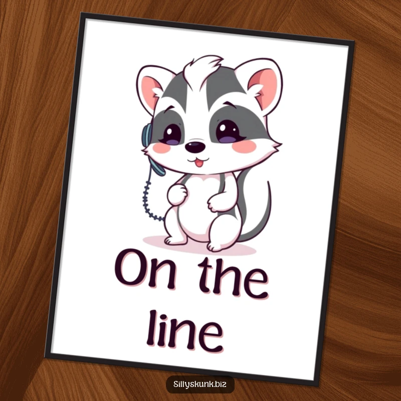 Funny skunk wearing a tiny headset, looking perplexed by a telephone, on a humorous poster.