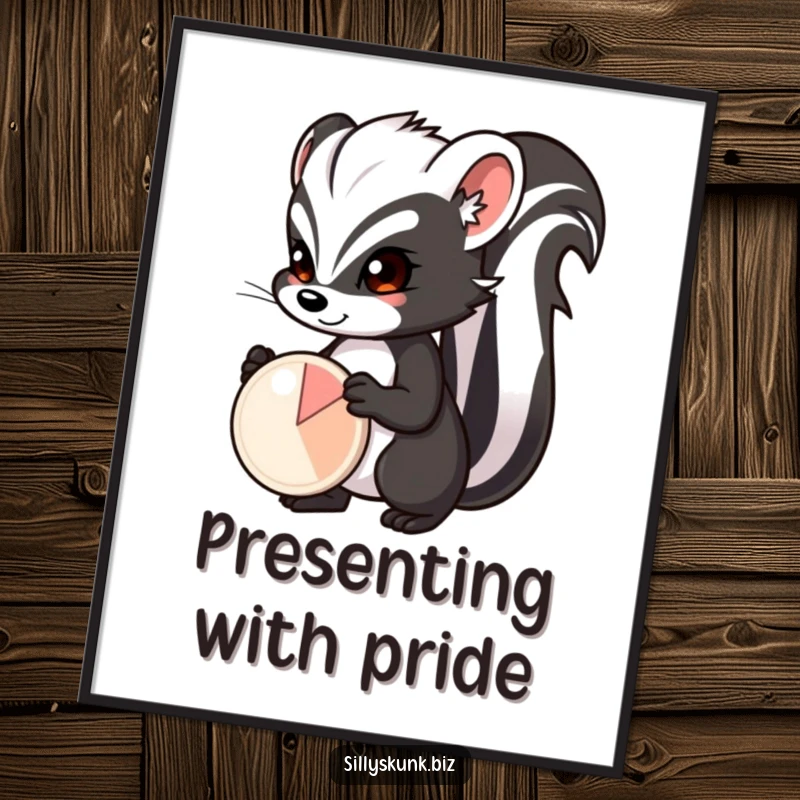 Funny skunk with a determined expression, proudly presenting a small pie chart, a humorous and decorative poster.