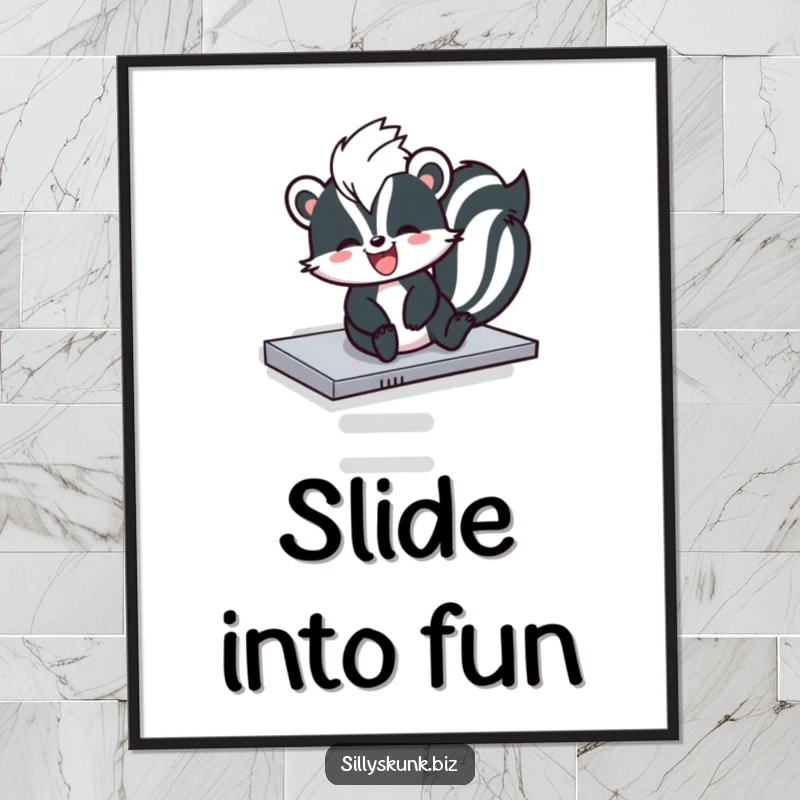 Funny skunk gleefully sliding down a photocopier tray, captured in a humorous poster.