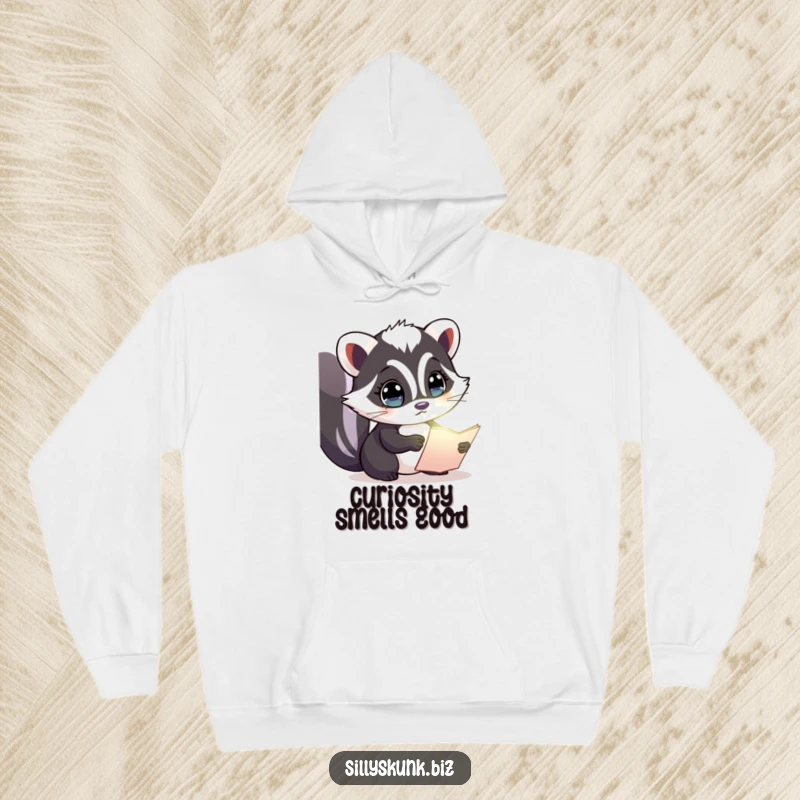 Funny hoodie featuring a curious skunk with wide eyes, examining a glowing document, designed for comfort and intrigue.