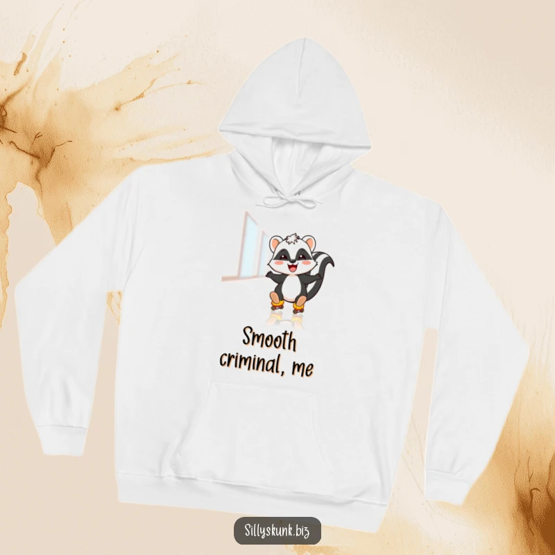 Funny hoodie featuring a skunk joyfully sliding on roller skates across a polished office floor, offering warmth and fun.