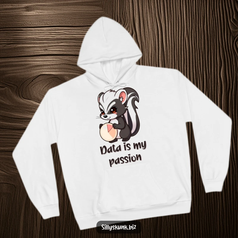 Funny skunk with a determined expression, proudly presenting a small pie chart, a cozy and funny hoodie.