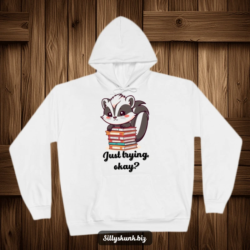 Funny skunk wearing a suit, attempting to balance a teetering stack of files, on a comfortable hoodie.