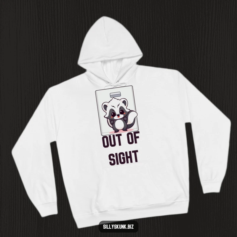 Funny skunk with a cheeky grin peeking from a filing cabinet, on a comfortable hoodie.