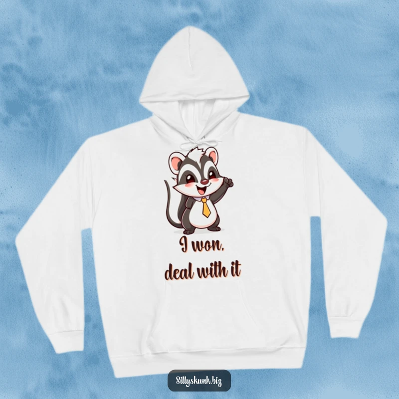 Funny skunk hoodie featuring a happy character with a tiny tie, doing a little triumphant fist pump.