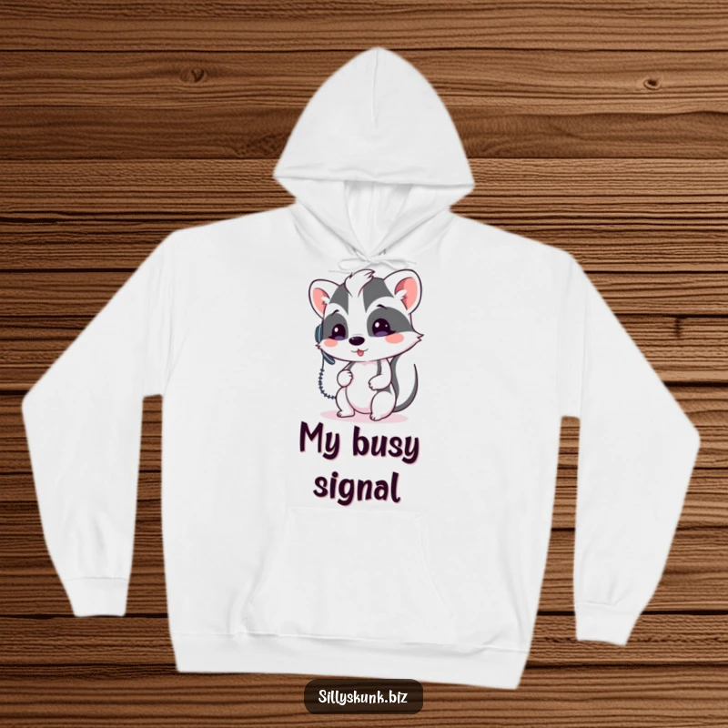 Funny skunk wearing a tiny headset, holding an old-fashioned phone receiver, on a comfortable hoodie.