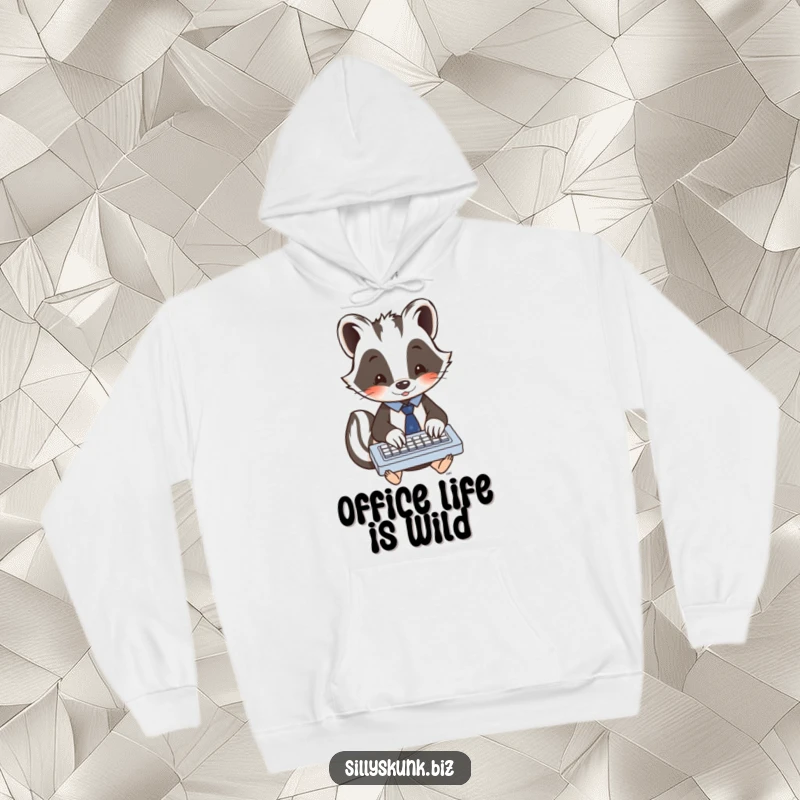 Funny skunk in a tiny tie, enthusiastically typing on a miniature keyboard, cozy and humorous hoodie.