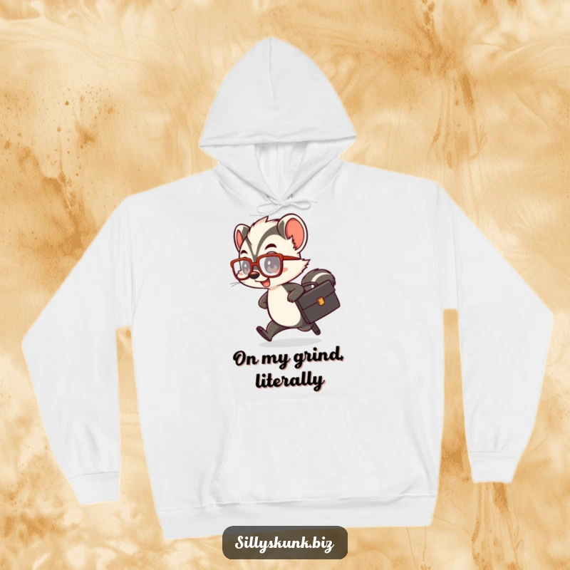 Funny skunk hoodie featuring a cute character with a tiny briefcase and oversized glasses, rushing comically.