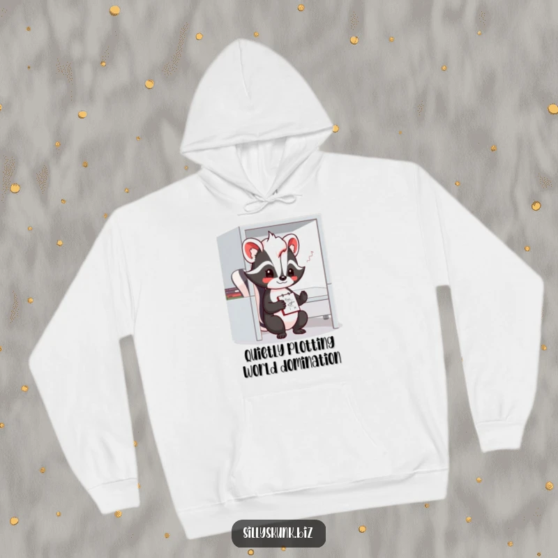 Funny skunk hoodie featuring a shy character with a notepad, doodling in a small office cubicle.