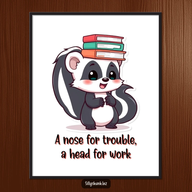 Funny Free Printable Skunk Wall Art: A playful skunk humorously balancing stacks of files, bringing laughter to your walls.