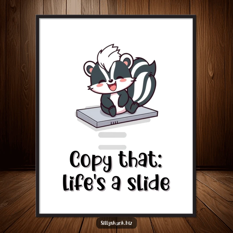 Funny Free Printable Wall Art capturing a skunk hilariously sliding down a photocopier tray with pure unadulterated glee.