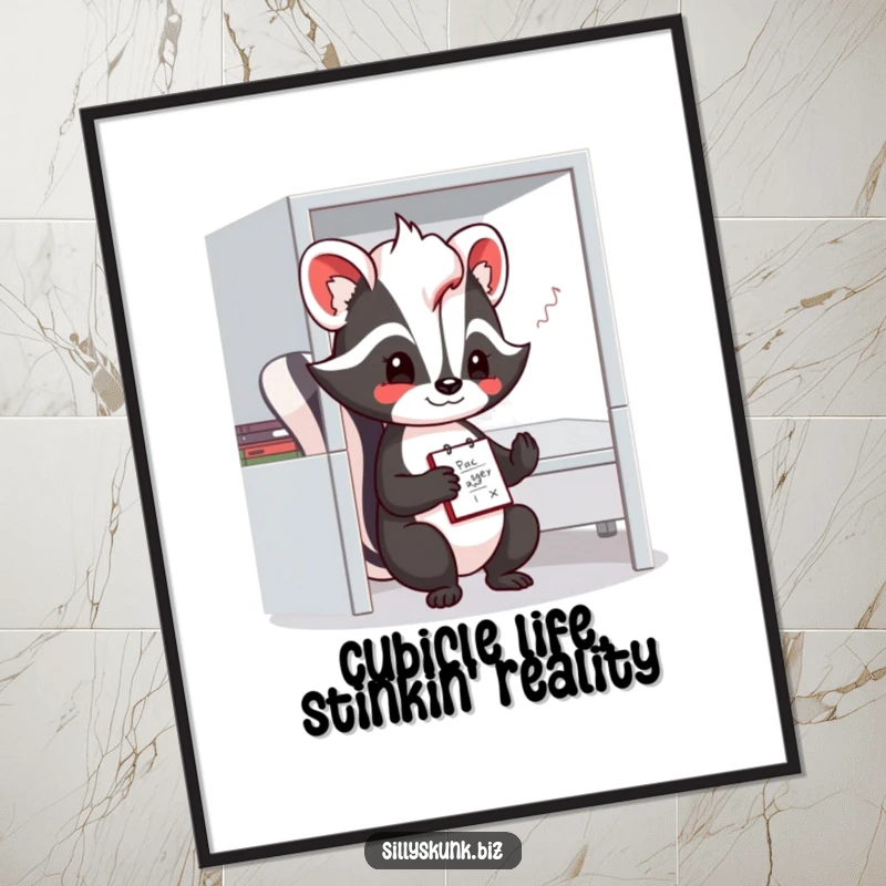 Funny Free Printable Wall Art: A shy skunk is depicted doodling on a notepad within its cozy office cubicle, creating a serene yet amusing scene.
