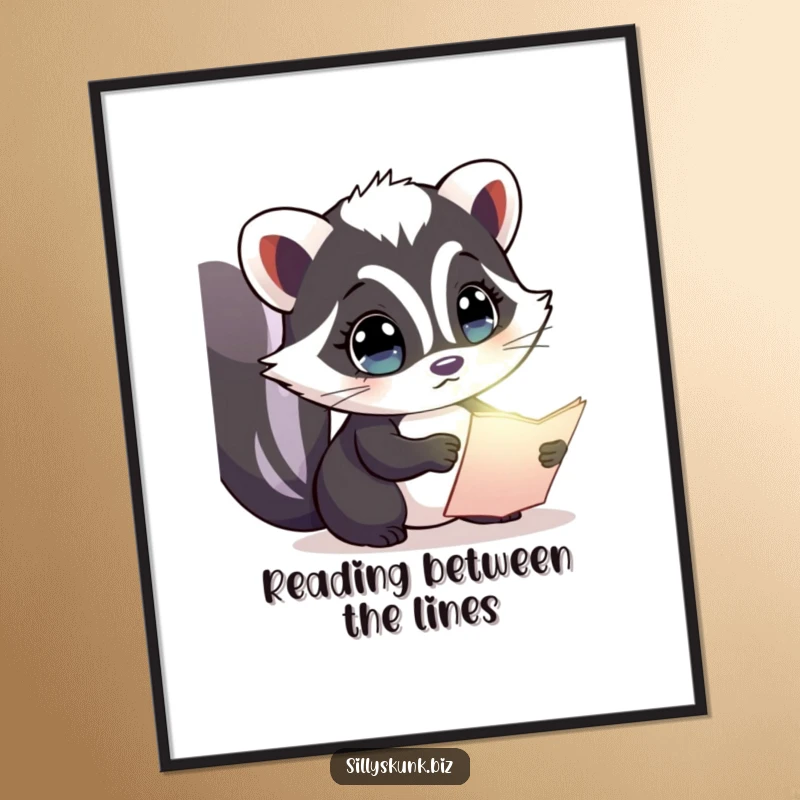 Funny Free Printable Wall Art: A skunk with wide, curious eyes intently examines a small, brightly glowing document.