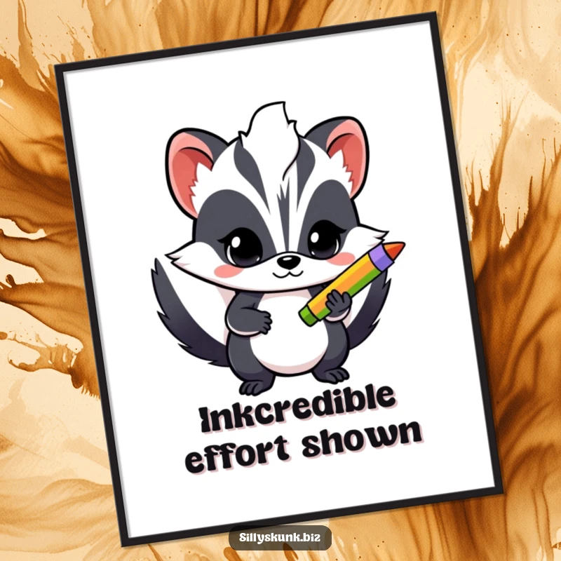 Funny Free Printable Wall Art: A skunk with a determined look holds a brightly colored pen, ready to create.