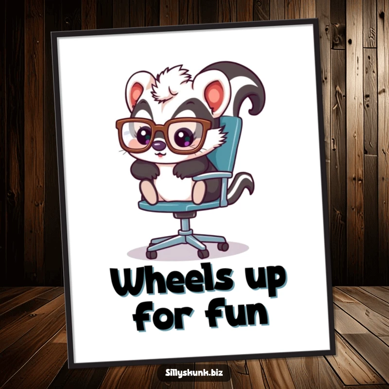 Funny Free Printable Wall Art: Cute skunk with oversized glasses, playfully sliding across an office chair, embodying office fun.
