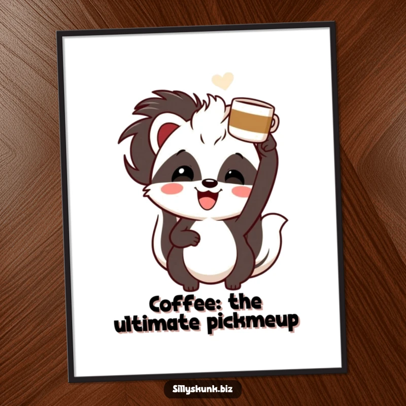 Funny Free Printable Wall Art: Skunk with a cheerful grin, enthusiastically holding a coffee cup overhead, radiating positive energy.