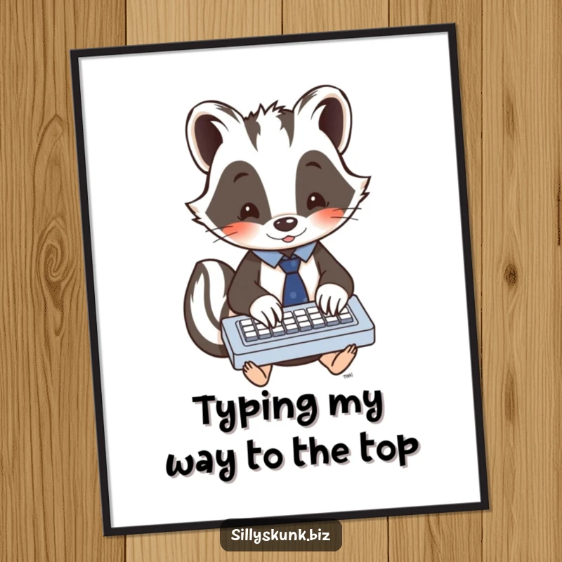 Funny Free Printable Wall Art: Kawaii skunk in a tiny tie, enthusiastically typing on a miniature keyboard, perfect for office humor.