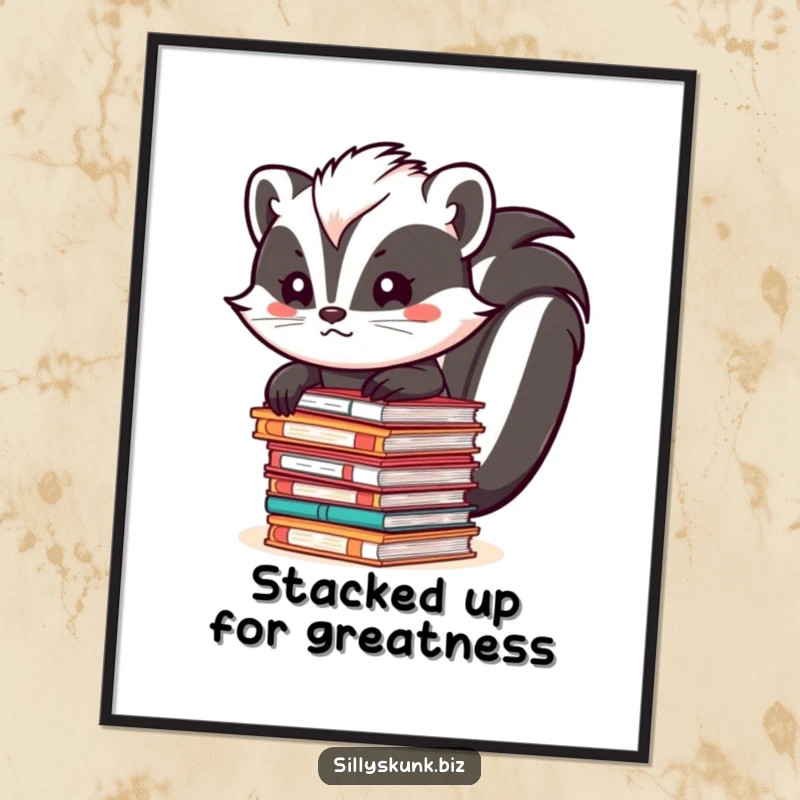 Funny Free Printable Wall Art depicting a skunk wobbling under a massive, unstable stack of office files.