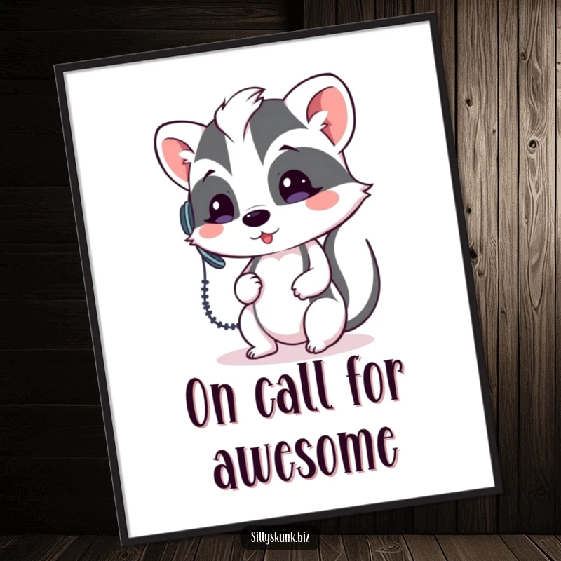 Funny Free Printable Wall Art of a skunk wearing a tiny headset, looking flustered while trying to answer a phone.
