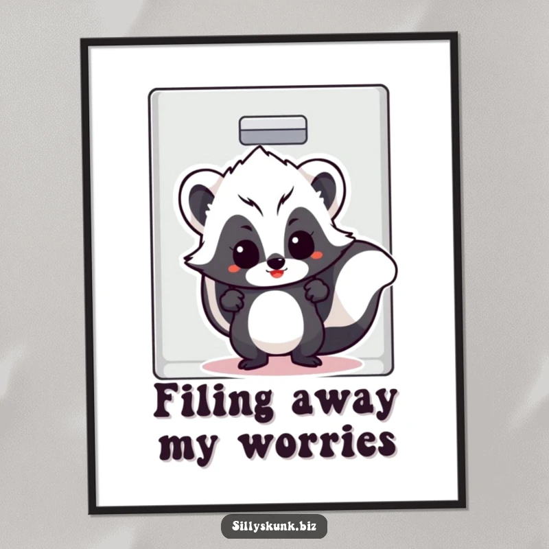 Funny Free Printable Wall Art of a skunk with a cheeky grin, half-hidden inside a large filing cabinet.