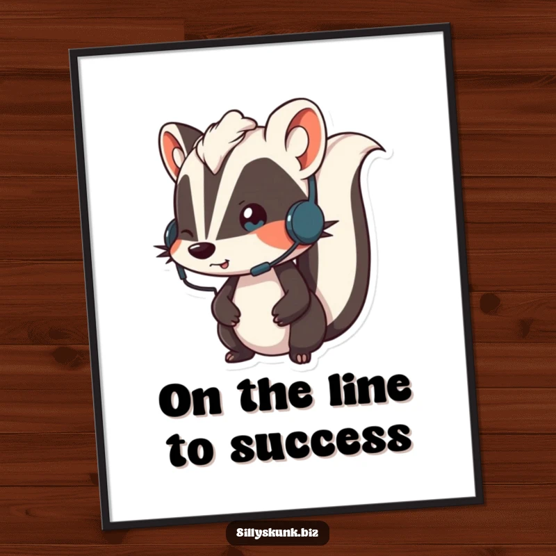 Funny Free Printable Wall Art: Skunk wearing a small headset, looking animated while on a call, adding office charm.