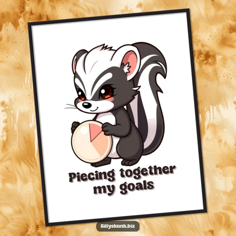 Funny Free Printable Wall Art: Skunk with a determined expression, proudly presenting a small pie chart, representing data.