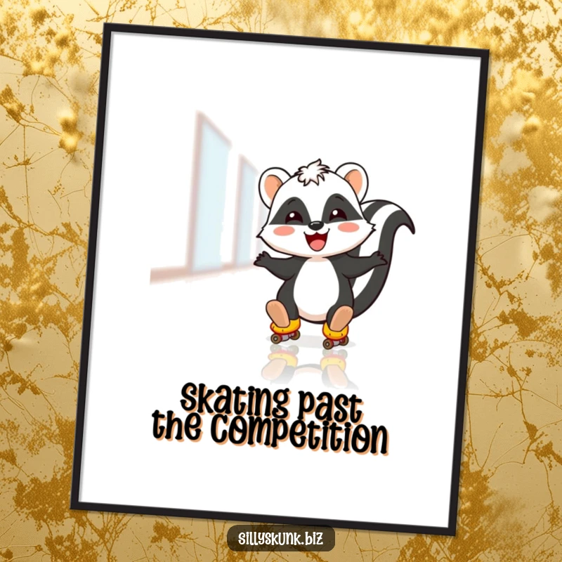 Funny Free Printable Wall Art: A skunk joyfully skates on tiny roller skates across a shiny polished office floor.