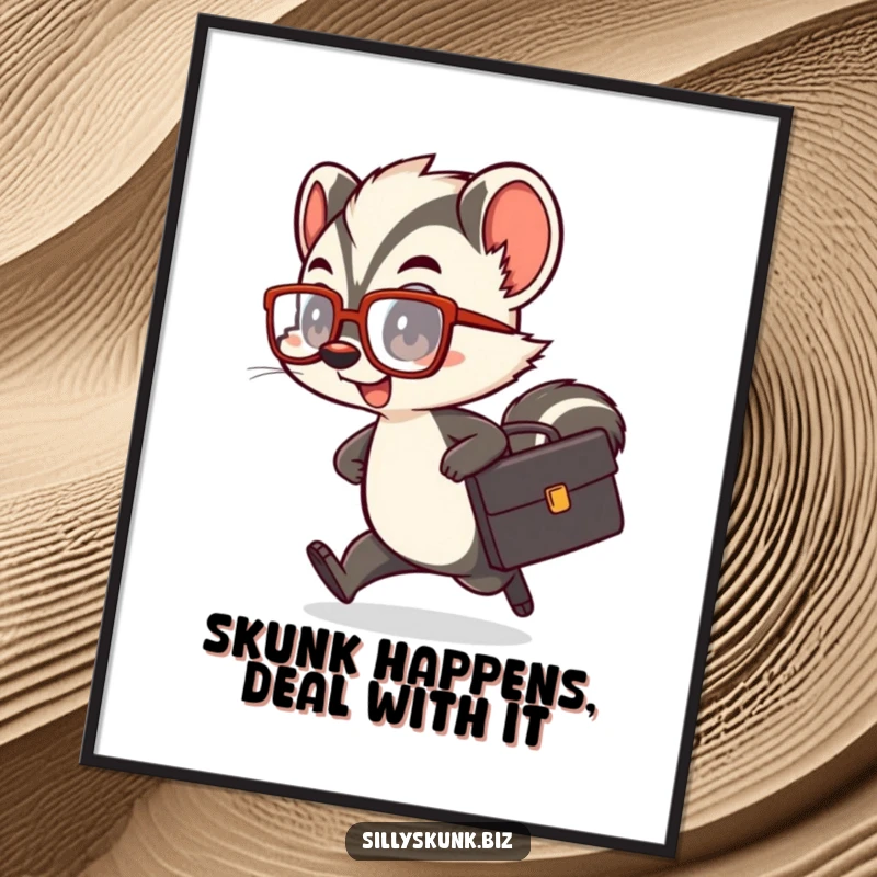 Funny Free Printable Wall Art: A cute skunk with a tiny briefcase and oversized glasses, depicted in a comical, hurried pose.