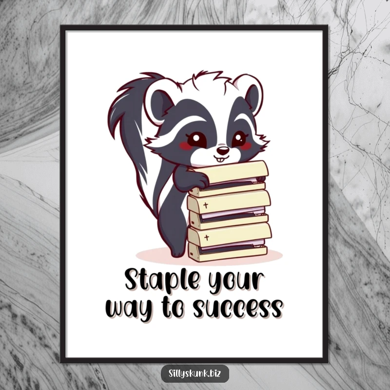 Funny Free Printable Wall Art: Mischievous skunk barely holding onto a precarious stack of office staplers, office humor.