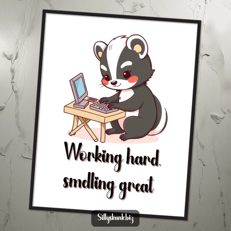 Funny Free Printable Wall Art: A cute skunk engrossed in typing on a tiny keyboard at a miniature desk.