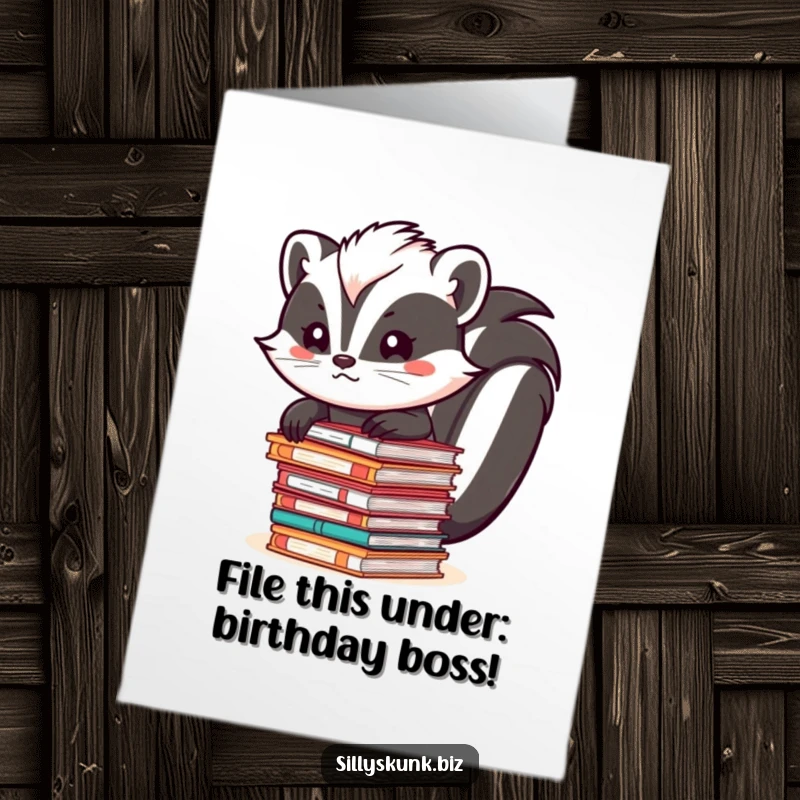 Funny Free Printable Birthday Card featuring a determined skunk struggling to balance a tall stack of office files.