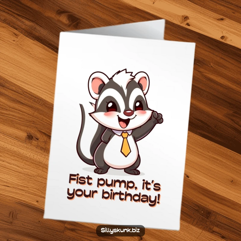 Funny Free Printable Birthday Card: A happy skunk in a tiny tie pumps its fist triumphantly, celebrating a special birthday.