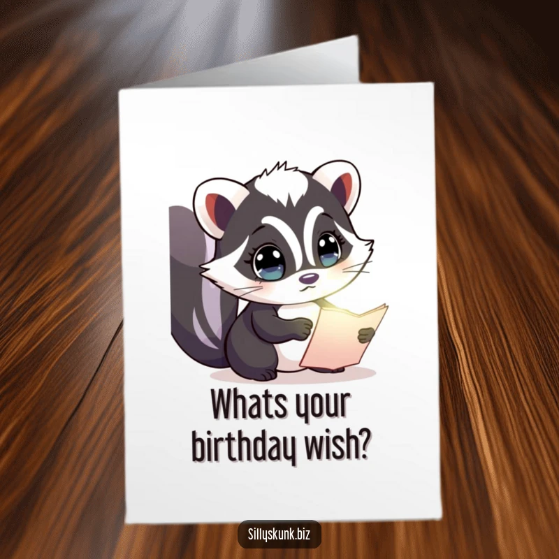 Funny Free Printable Birthday Card: A skunk with wide, curious eyes studies a small, glowing document.