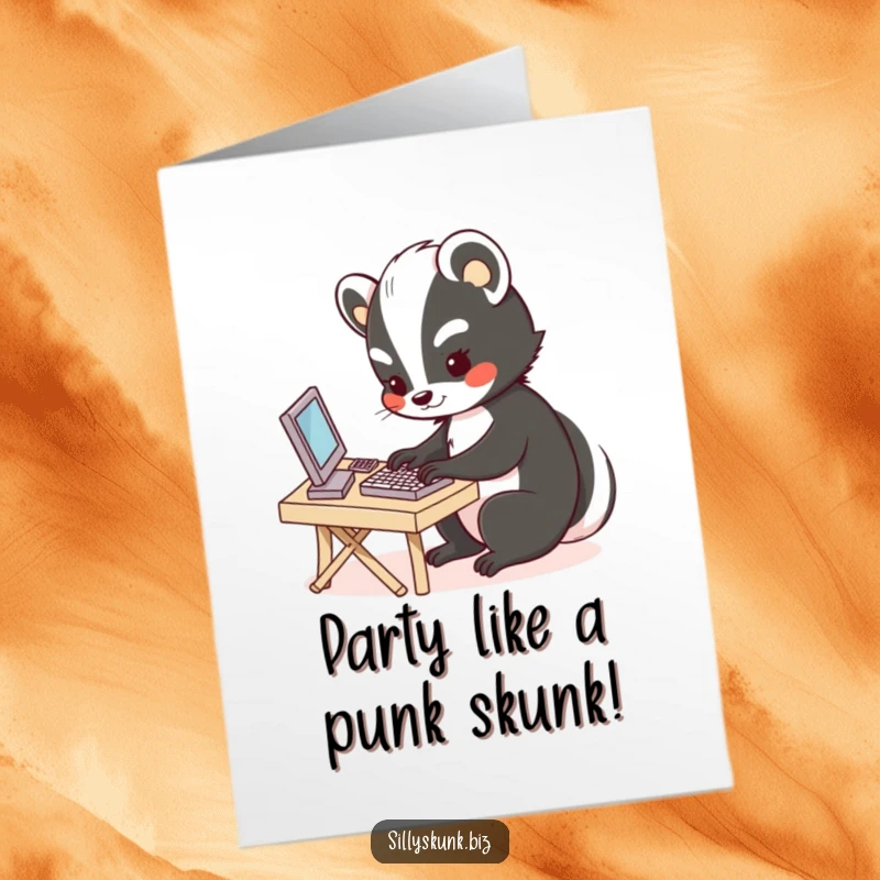 Funny Free Printable Birthday Card: A cute skunk diligently typing on a miniature keyboard at a tiny desk.