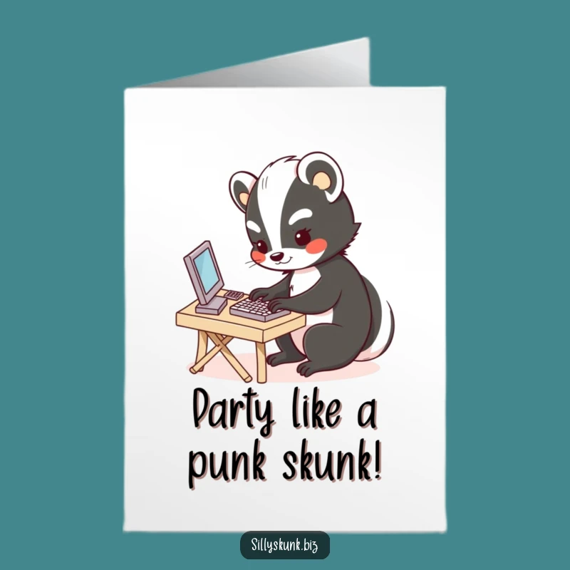 Free Printable Birthday Card: Funny Skunk Typing Enthusiastic Downloadable Gift