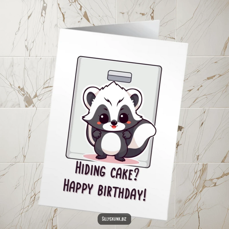 Funny Free Printable Birthday Card with a skunk sporting a cheeky grin, trying to hide inside an open filing cabinet.