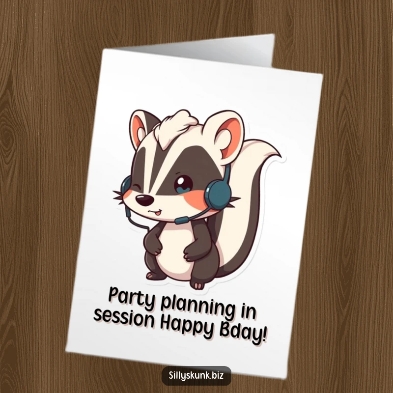 Funny Free Printable Birthday Card: Skunk wearing a small headset, looking animated while on a call, ready to chat.
